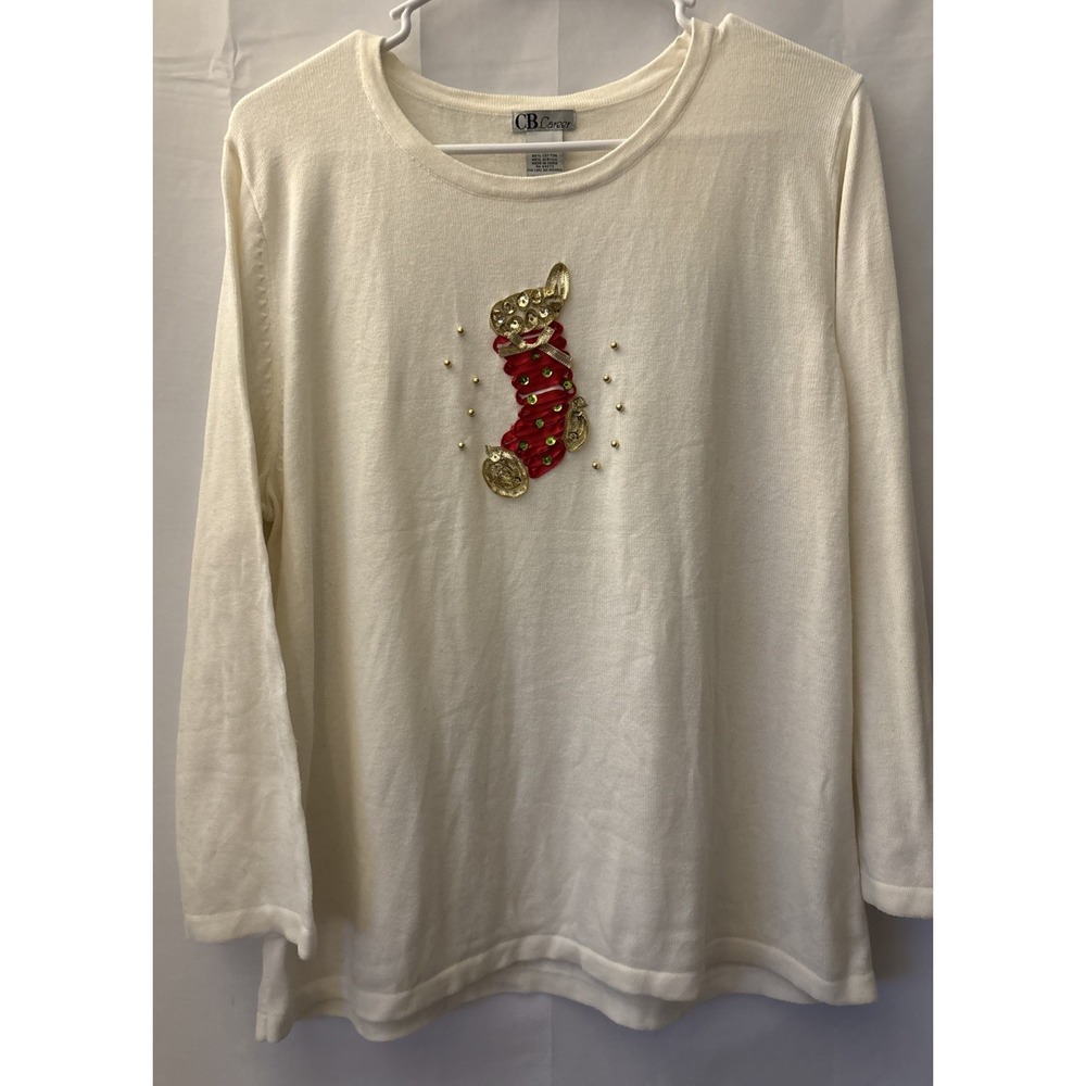 Women's Ugly Christmas Sweater XL Beads And Ribbon Stocking 3/4 Sleeve CB Career